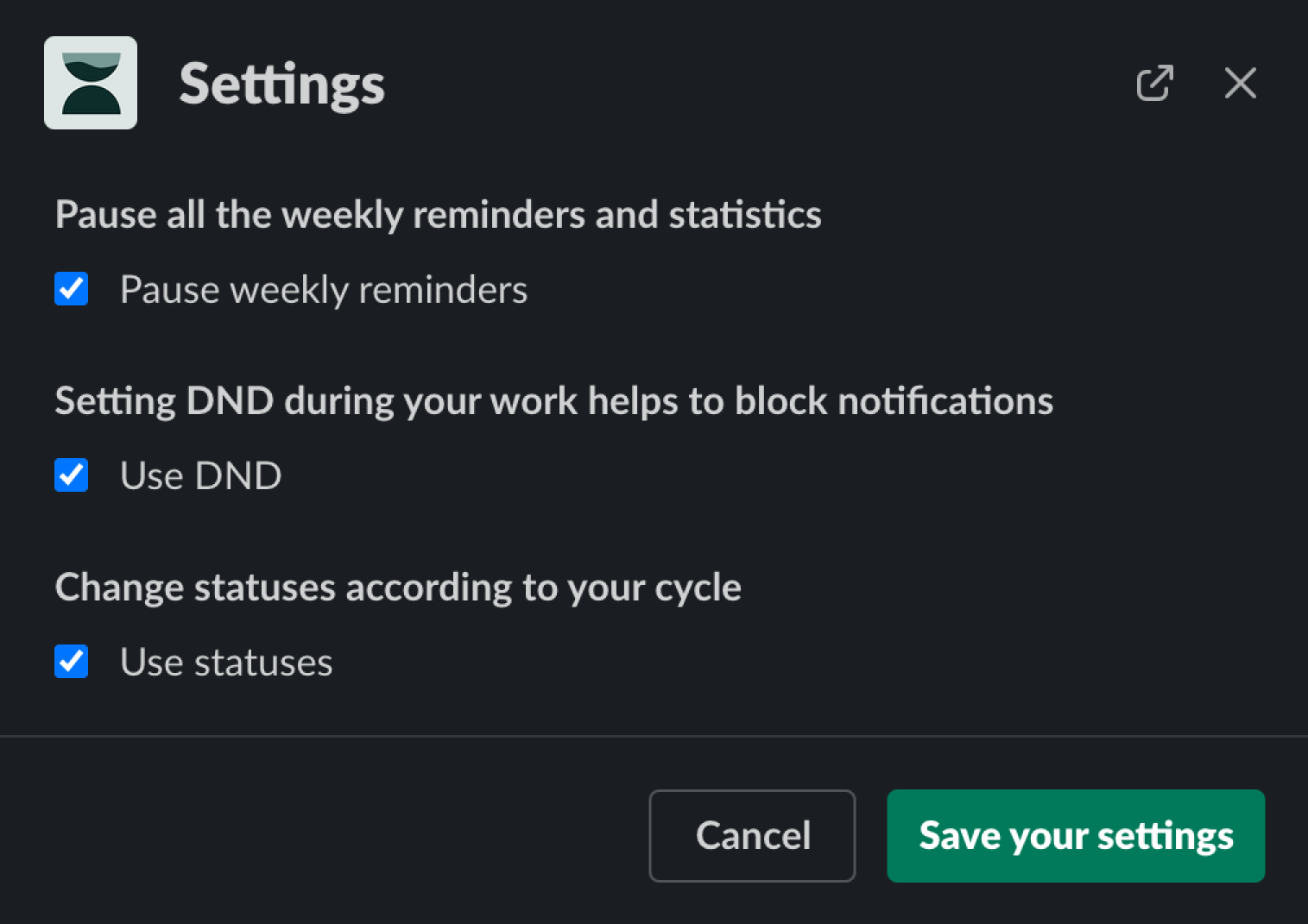 Personalize status settings - app screenshot